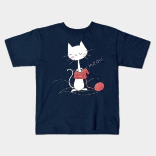 White Knitting Cat - Navy Kids T-Shirt